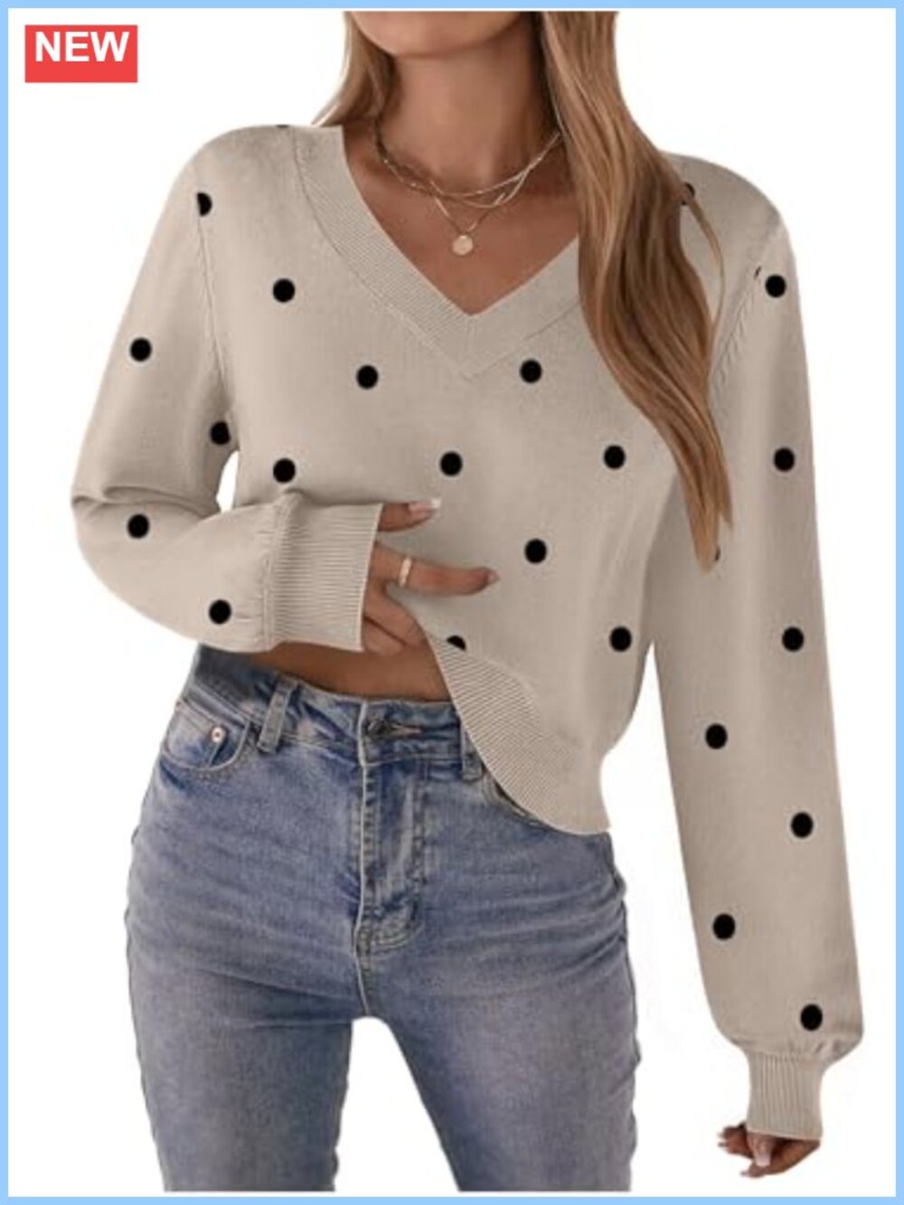 Women's V-Neck Cropped Knit Sweater Long Lantern Sleeve Pullover Top
